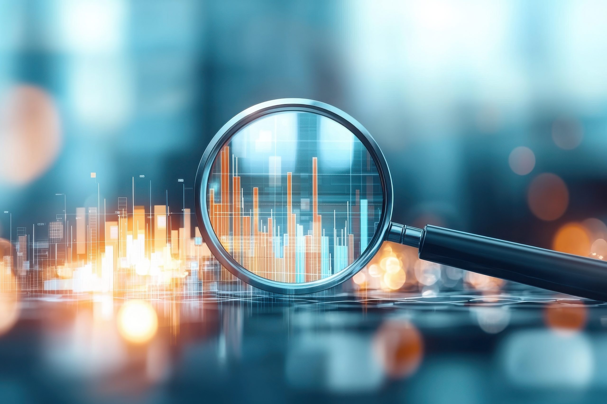 a magnifying glass focuses on colorful data visualizations, symbolizing analysis and insight in a digital environment.